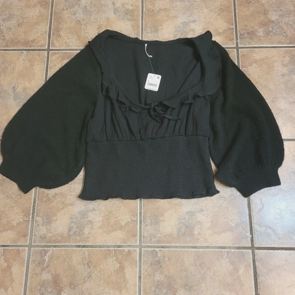 NWT Free People Billie Black Ruffle Smocked Sweater S